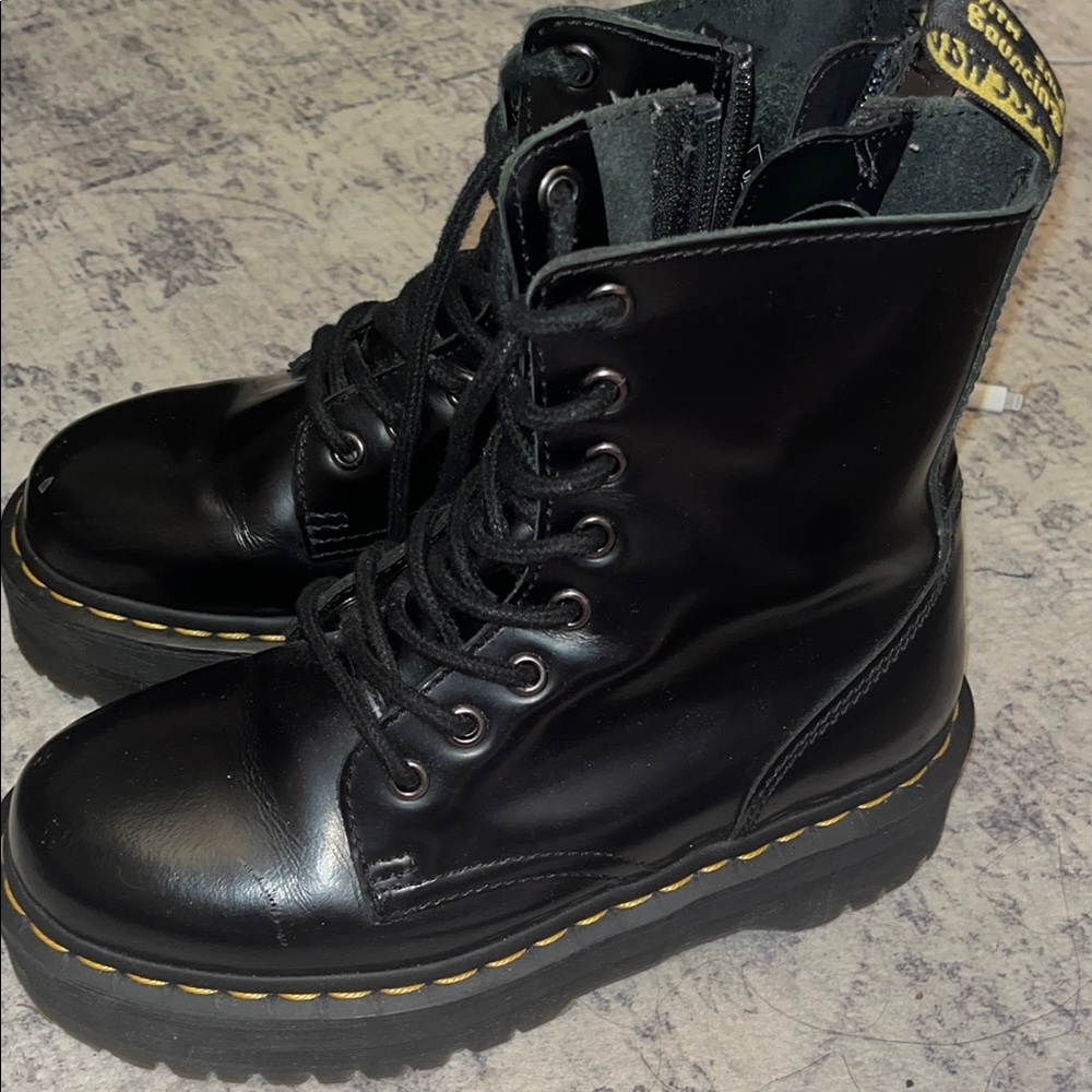 Dr. Martens Black Leather Combat Boots with Yellow Stitching
